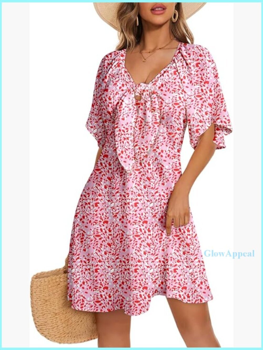 Deep V Neck Bow Tie Mini Dress with Ruffle Sleeves, S-XL